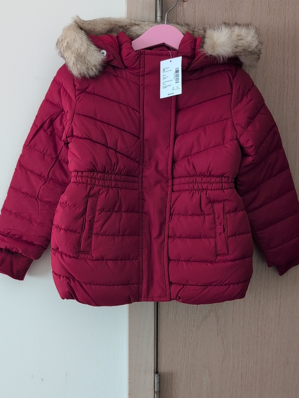 Gymboree Hooded Puffer Jacket with Faux Fur Trim - Burgundy